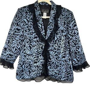 Retro Floral Blazer L Blue Chic Ruffle Metallic Classic Old Money Preppy 90s